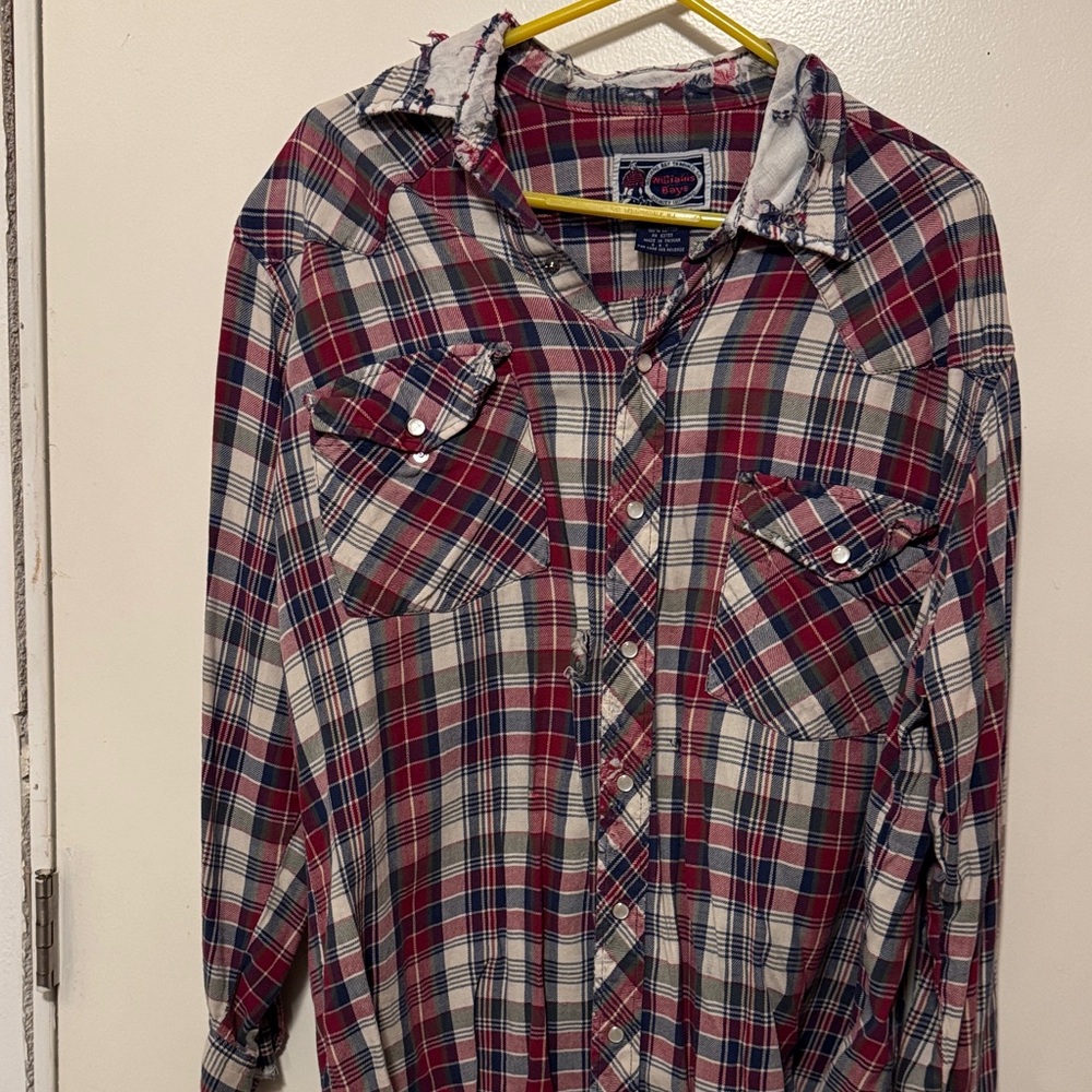 Men's Red & Navy distressed Plaid Button-Up Shirt